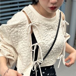 Japanese Textured Cropped Sweater Pullover with Ribbon Ties and Cutouts